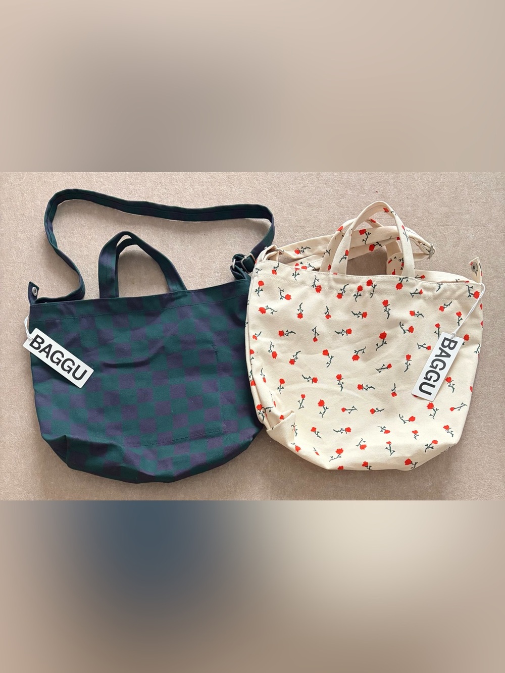 (2) BAGGU horizontal zip duck bag - navy green check & painted wildflower - NWT